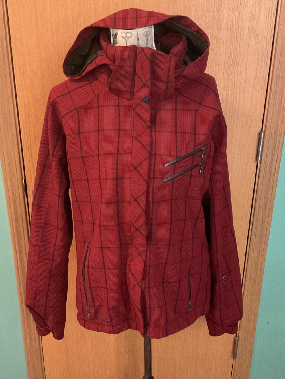 Women’s Red Plaid Ski Jacket - Waterproof Hooded Snow Coat